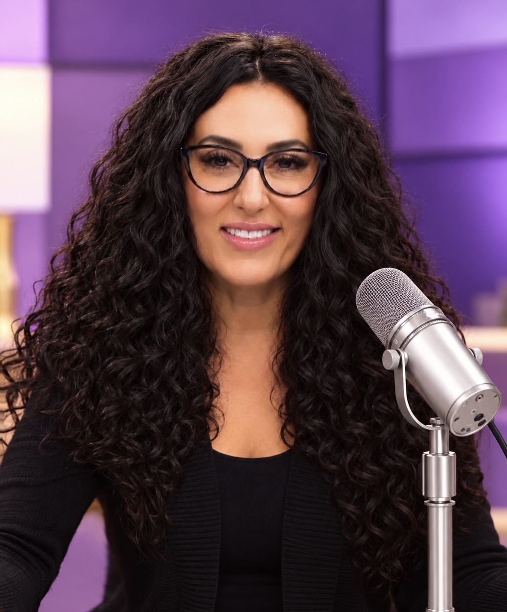 Maral smiling beside a podcast microphone